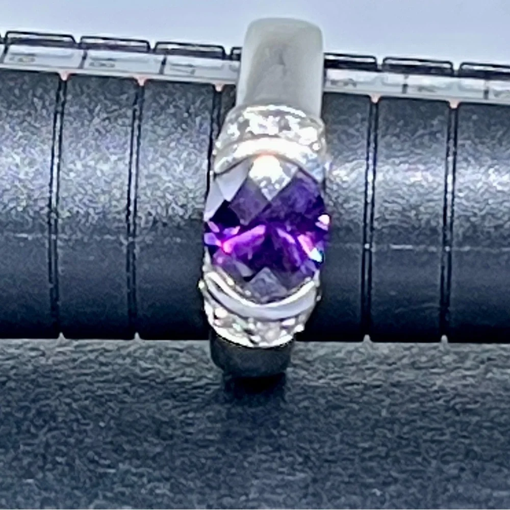 925 Real Amethyst Diamond Sterling Faceted Ring Sz 8